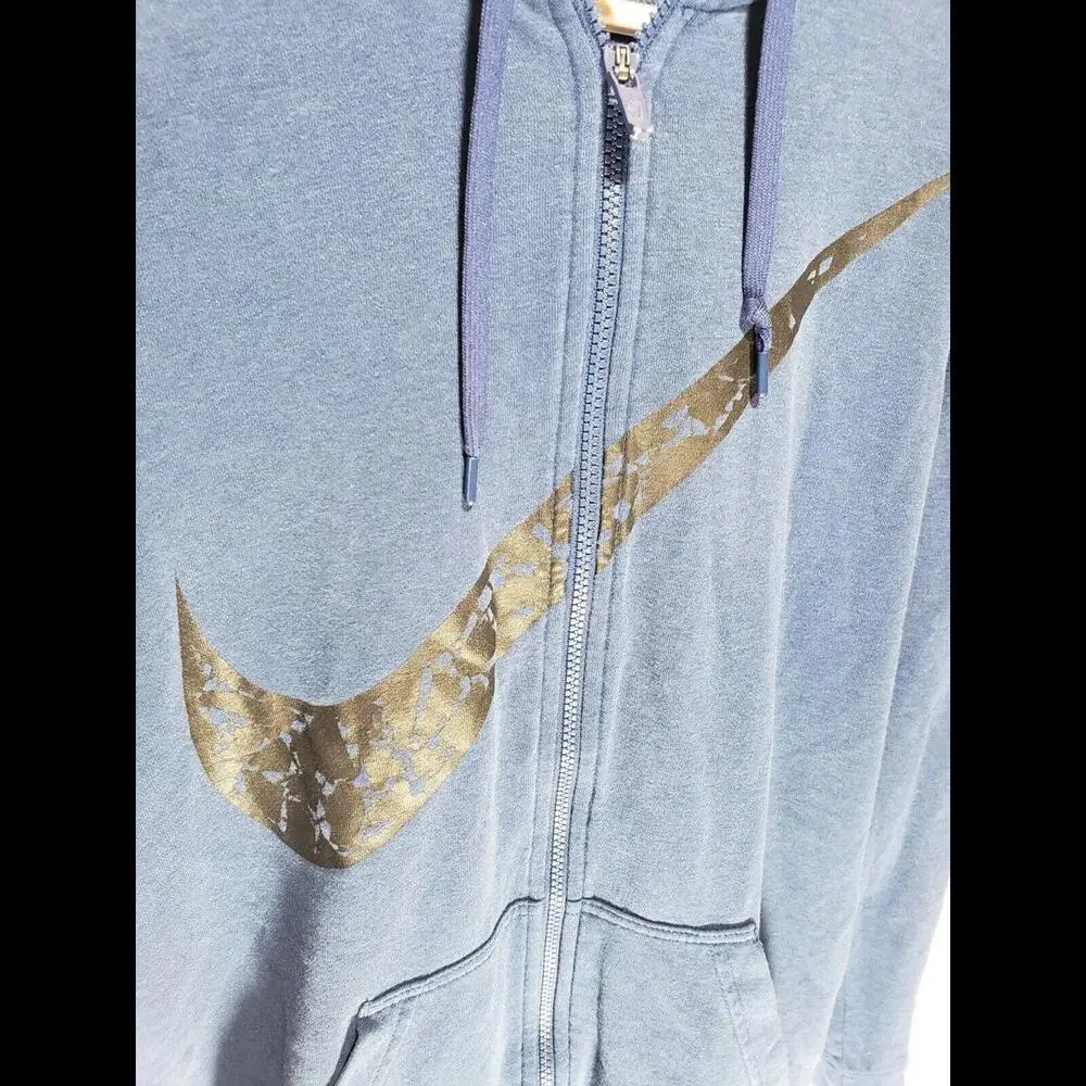 Mens Vintage NIKE Big Swoosh Blue‎ Black Full Zip-Up Hoodie Size Medium M